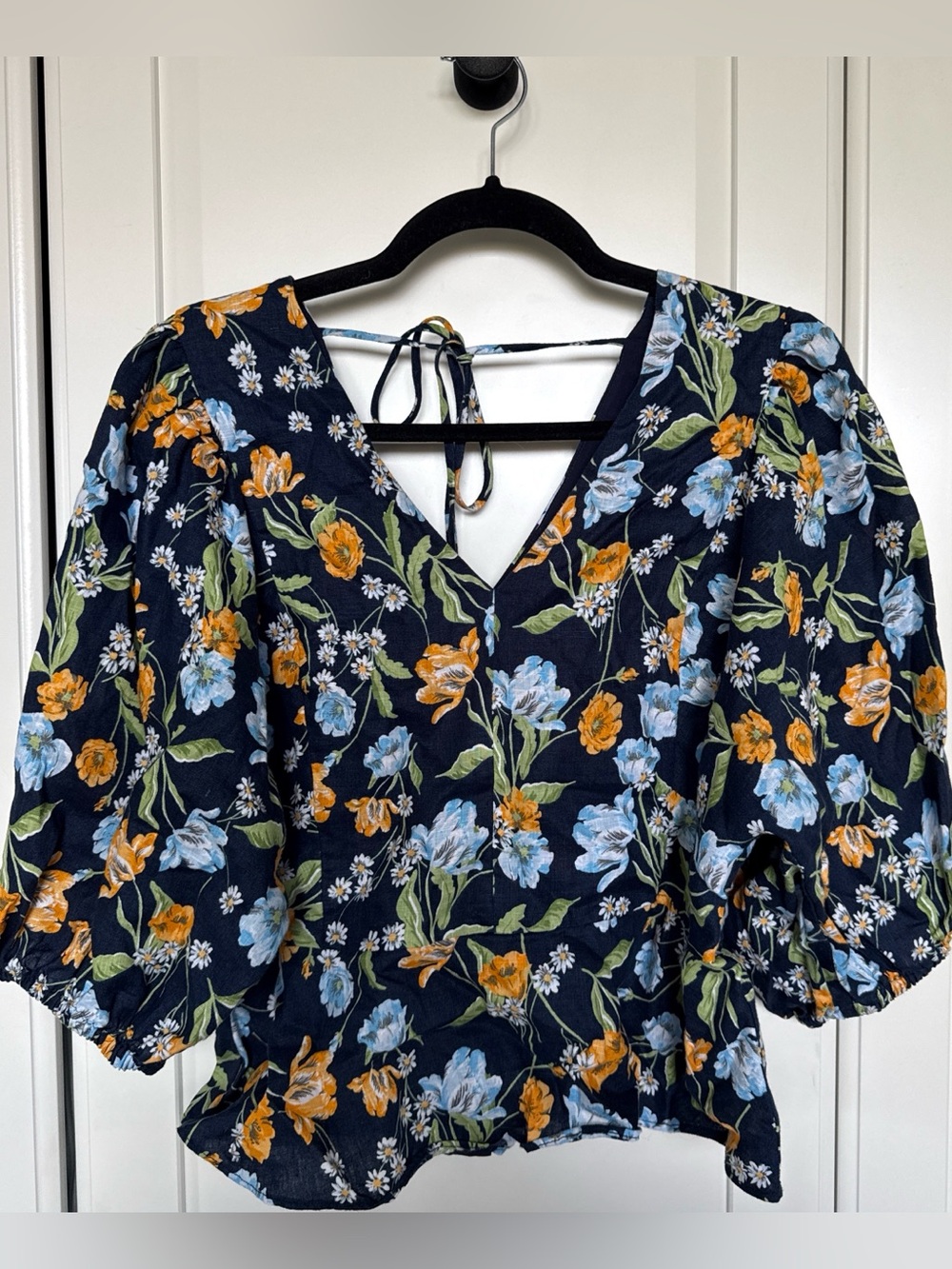 Draper James Navy Floral Linen Tie-Back Puff Sleeve Blouse